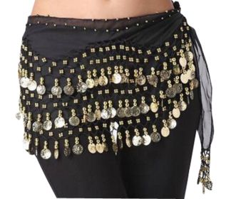 Chiffon Black Belly Dance Scarf With Dangling Gold Coins Belt Skirt 158 Coins