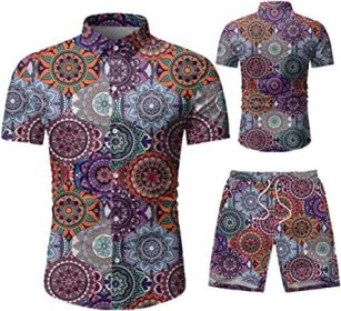 Men's 2 Piece Tracksuit Shirt Flower Casual Button Down Short Sleeve Shirts and Pants Suit (Color: 1, size: M)