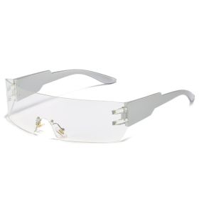 Fashion Rimless Women Sport Sunglasses Men Dazzling Reflective Wrap Shape Outdoor Lens UV400 Eyewear Glasses Bicycle Goggles (Lens Color: silver clear)