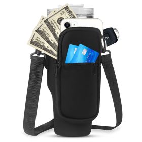 Water Bottle Carrier Bag Neoprene Water Cup Pouch Water Bottle Holder with Adjustable Strap Phone Pocket for Walking Travel Camping (Color: Black)