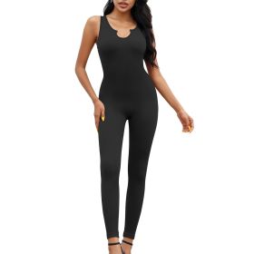 Women Yoga Rompers Workout Ribbed Sleeveless Sport Romper (Color: Black, size: S)