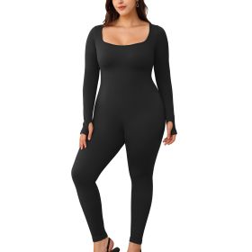 Womens Yoga Jumpsuits Workout Ribbed Long Sleeve Sport Jumpsuits (Color: Black, size: M)