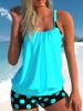 Plus Size Casual Swimsuit Set, Women's Plus Colorblock Dot Print Cut Out Round Neck Cami Top & Shorts Bathing Suit Two Piece Set